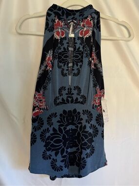 NWT Free People Summery Beachy Whimsy Blue Floral Halter Top Deep V Neck